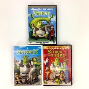Shrek, Shrek 2, and Shrek the Third DVDs